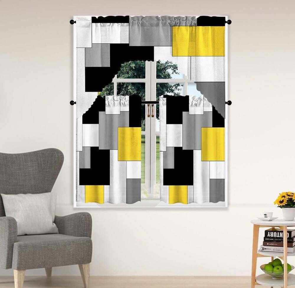 ULQUISNCE Geometric Abstract Kitchen Window Curtain Set - 3-Piece 2 sets(6 piece